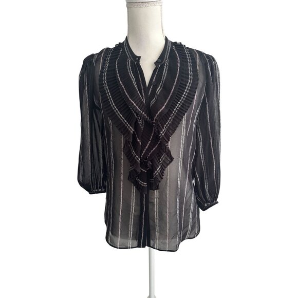 WHITE HOUSE BLACK MARKET WHBM Black White Striped Sheer Ruffle Blouse Size S - Picture 8 of 9